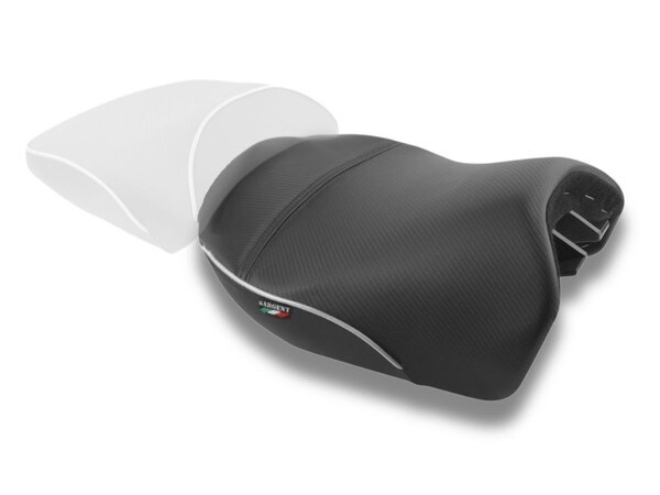 Beautiful World Sport front motorcycle seat with CFX and Metallic Silver welt - available only from Sargent Cycle Products.